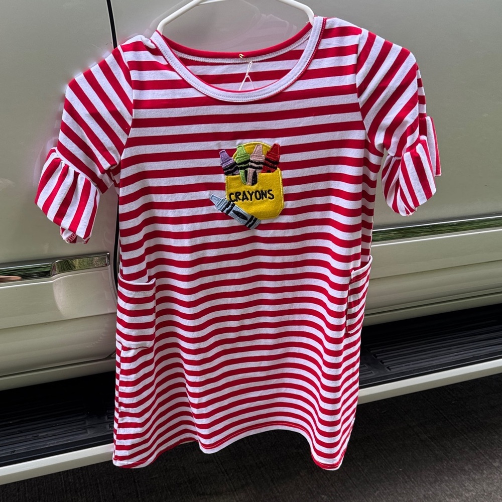 Striped Red and White Kids Dress with Crayon Patch